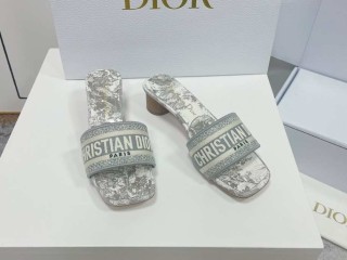 Womens Christian Dior Dway Heeled Slide Gray Embroidered Reps SD004